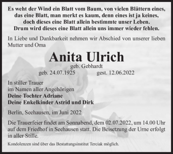 Traueranzeige von Anita Ulrich (geb. Gebhardt)  von Magdeburger Volksstimme