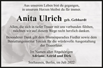 Traueranzeige von Anita Ulrich (geb. Gebhardt)  von Magdeburger Volksstimme