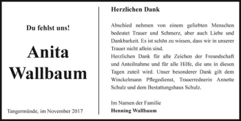 Traueranzeige von Anita Wallbaum  von Magdeburger Volksstimme