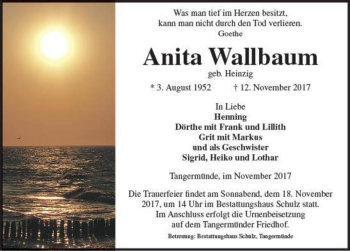 Traueranzeige von Anita Wallbaum (geb. Heinzig)  von Magdeburger Volksstimme