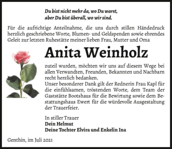 Traueranzeige von Anita Weinholz  von Magdeburger Volksstimme