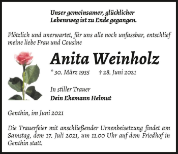 Traueranzeige von Anita Weinholz  von Magdeburger Volksstimme