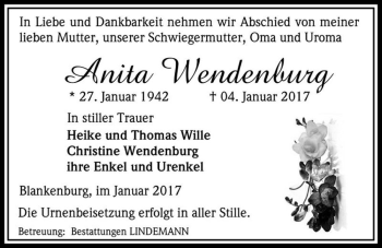 Traueranzeige von Anita Wendenburg  von Magdeburger Volksstimme