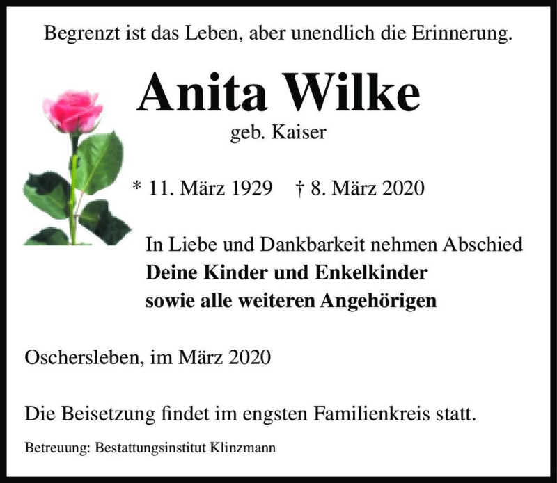  Traueranzeige für Anita Wilke (geb. Kaiser)  vom 14.03.2020 aus Magdeburger Volksstimme