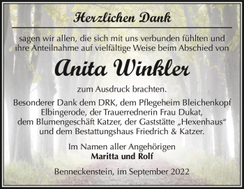 Traueranzeige von Anita Winkler  von Magdeburger Volksstimme