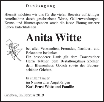 Traueranzeige von Anita Witte  von Magdeburger Volksstimme