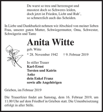 Traueranzeige von Anita Witte (geb. Witte)  von Magdeburger Volksstimme