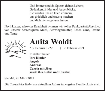 Traueranzeige von Anita Woldt  von Magdeburger Volksstimme