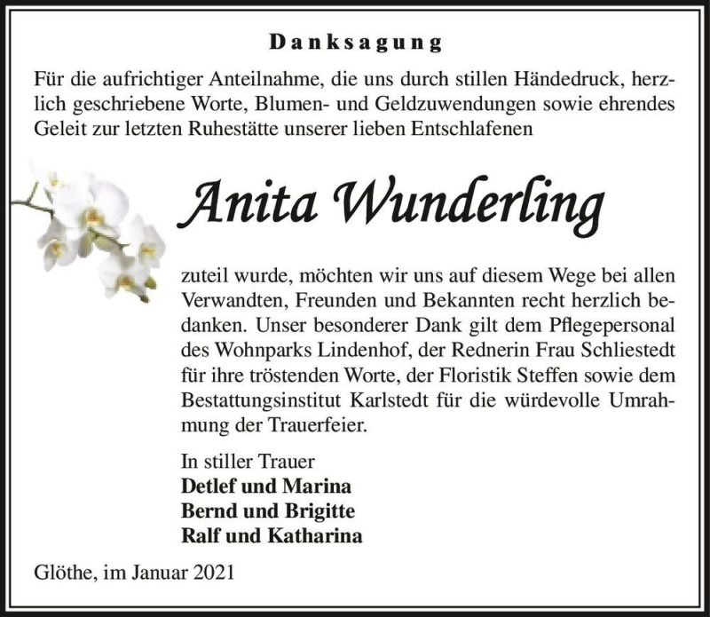 Traueranzeige für Anita Wunderling  vom 16.01.2021 aus Magdeburger Volksstimme