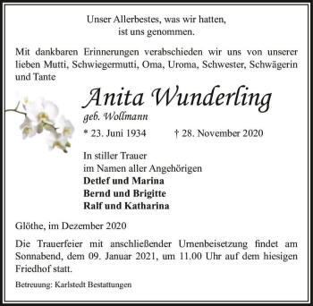 Traueranzeige von Anita Wunderling (geb. Wollmann)  von Magdeburger Volksstimme