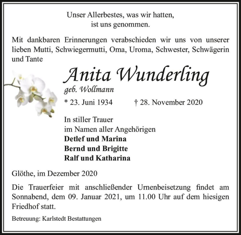  Traueranzeige für Anita Wunderling (geb. Wollmann)  vom 05.12.2020 aus Magdeburger Volksstimme