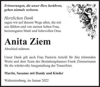 Traueranzeige von Anita Ziem  von Magdeburger Volksstimme