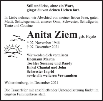 Traueranzeige von Anita Ziem (geb. Heyde)  von Magdeburger Volksstimme