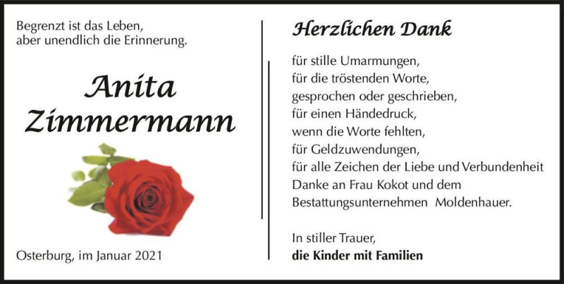 Traueranzeige für Anita Zimmermann  vom 16.01.2021 aus Magdeburger Volksstimme