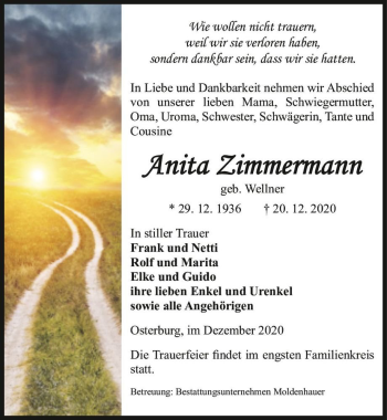 Traueranzeige von Anita Zimmermann (geb. Wellner)  von Magdeburger Volksstimme
