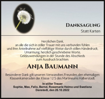 Traueranzeige von Anja Baumann  von Magdeburger Volksstimme