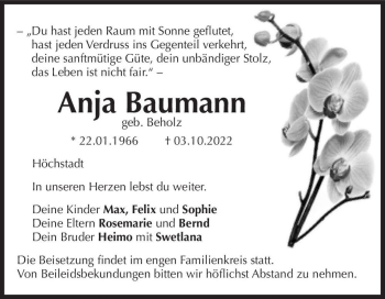 Traueranzeige von Anja Baumann (geb. Beholz)  von Magdeburger Volksstimme