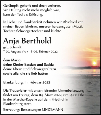 Traueranzeige von Anja Berthold (geb. Schmidt)  von Magdeburger Volksstimme