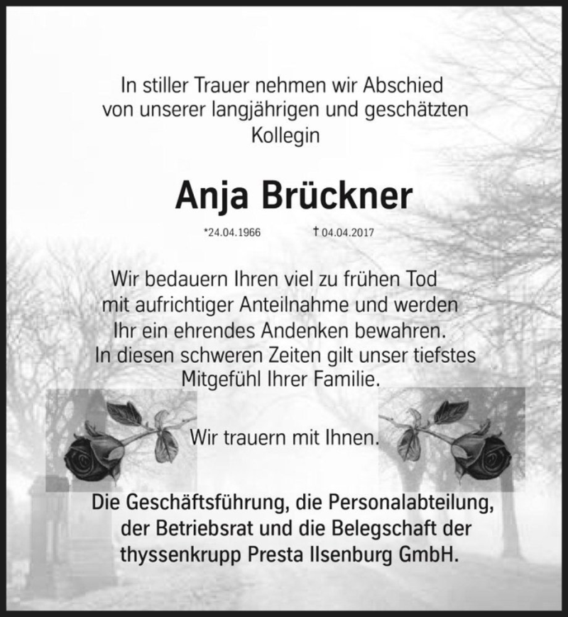  Traueranzeige für Anja Brückner  vom 29.04.2017 aus Magdeburger Volksstimme