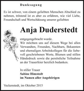 Traueranzeige von Anja Duderstedt  von Magdeburger Volksstimme