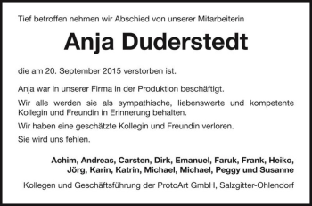 Traueranzeige von Anja Duderstedt  von Magdeburger Volksstimme