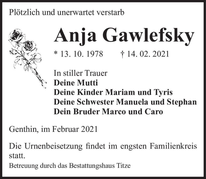  Traueranzeige für Anja Gawlefsky  vom 20.02.2021 aus Magdeburger Volksstimme
