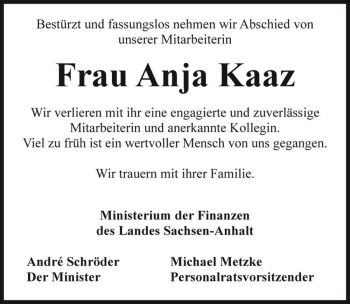 Traueranzeige von Anja Kaaz  von Magdeburger Volksstimme