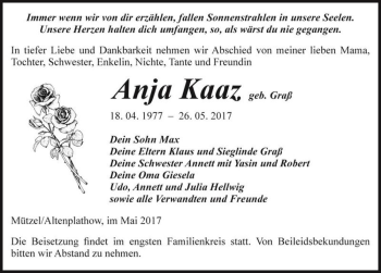 Traueranzeige von Anja Kaaz (geb. Graß)  von Magdeburger Volksstimme