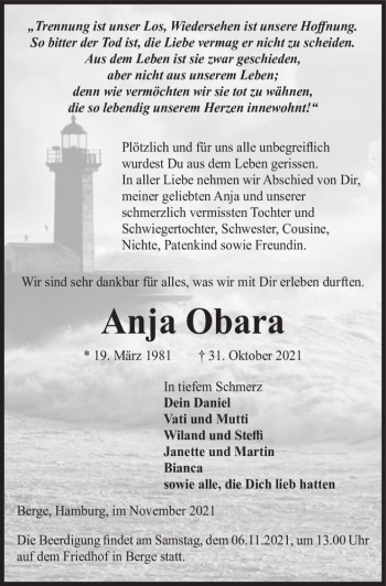 Traueranzeige von Anja Obara  von Magdeburger Volksstimme