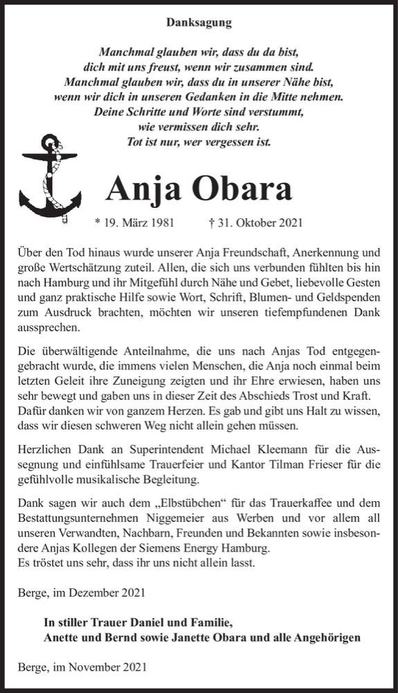  Traueranzeige für Anja Obara  vom 04.12.2021 aus Magdeburger Volksstimme