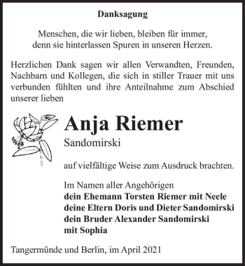 Traueranzeige von Anja Riemer (geb. Sandomirski)  von Magdeburger Volksstimme