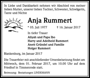 Traueranzeige von Anja Rummert  von Magdeburger Volksstimme