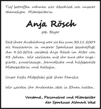 Traueranzeige von Anja Rösch (geb. Beyer)  von Magdeburger Volksstimme