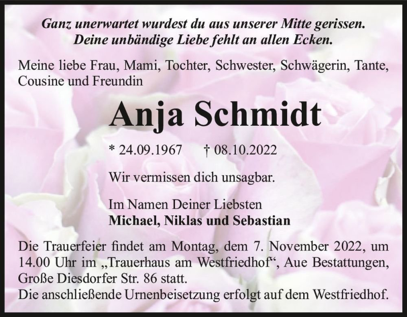  Traueranzeige für Anja Schmidt  vom 22.10.2022 aus Magdeburger Volksstimme