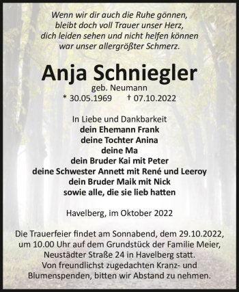 Traueranzeige von Anja Schniegler (geb. Neumann)  von Magdeburger Volksstimme