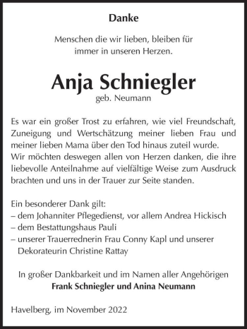 Traueranzeige von Anja Schniegler (geb. Neumann)  von Magdeburger Volksstimme