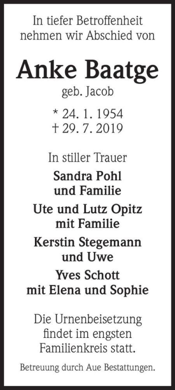 Traueranzeige von Anke Baatge (geb. Jacob)  von Magdeburger Volksstimme
