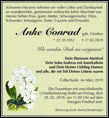 Traueranzeige von Anke Conrad (geb. Günther)  von Magdeburger Volksstimme