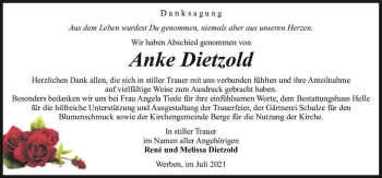 Traueranzeige von Anke Dietzold  von Magdeburger Volksstimme