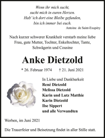 Traueranzeige von Anke Dietzold  von Magdeburger Volksstimme
