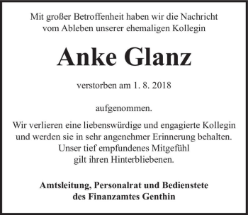 Traueranzeige von Anke Glanz  von Magdeburger Volksstimme