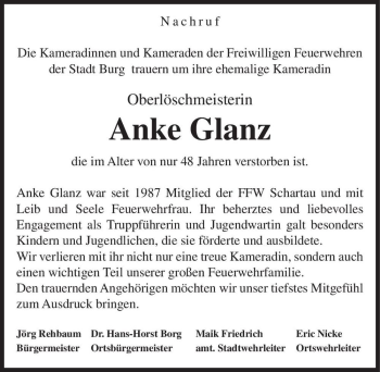 Traueranzeige von Anke Glanz  von Magdeburger Volksstimme