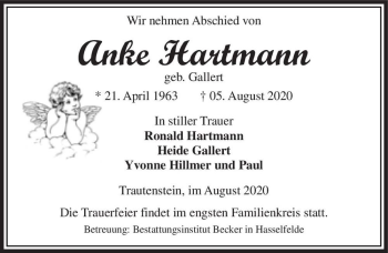 Traueranzeige von Anke Hartmann (geb. Gallert)  von Magdeburger Volksstimme