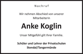 Traueranzeige von Anke Koglin  von Magdeburger Volksstimme
