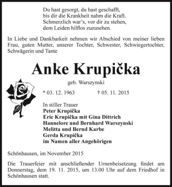Traueranzeige von Anke Krupicka (geb. Warszynski)  von Magdeburger Volksstimme