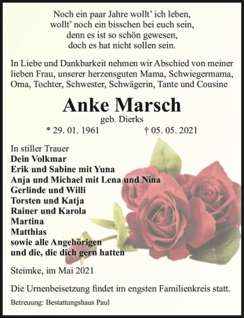Traueranzeige von Anke Marsch (geb. Dierks)  von Magdeburger Volksstimme