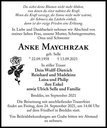 Traueranzeige von Anke Maychrzak (geb. Selle)  von Magdeburger Volksstimme