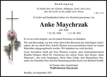 Traueranzeige von Anke Maychrzak (geb. Selle)  von Magdeburger Volksstimme