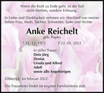 Traueranzeige von Anke Reichelt (geb. Popko)  von Magdeburger Volksstimme