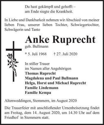 Traueranzeige von Anke Ruprecht (geb. Bullmann)  von Magdeburger Volksstimme